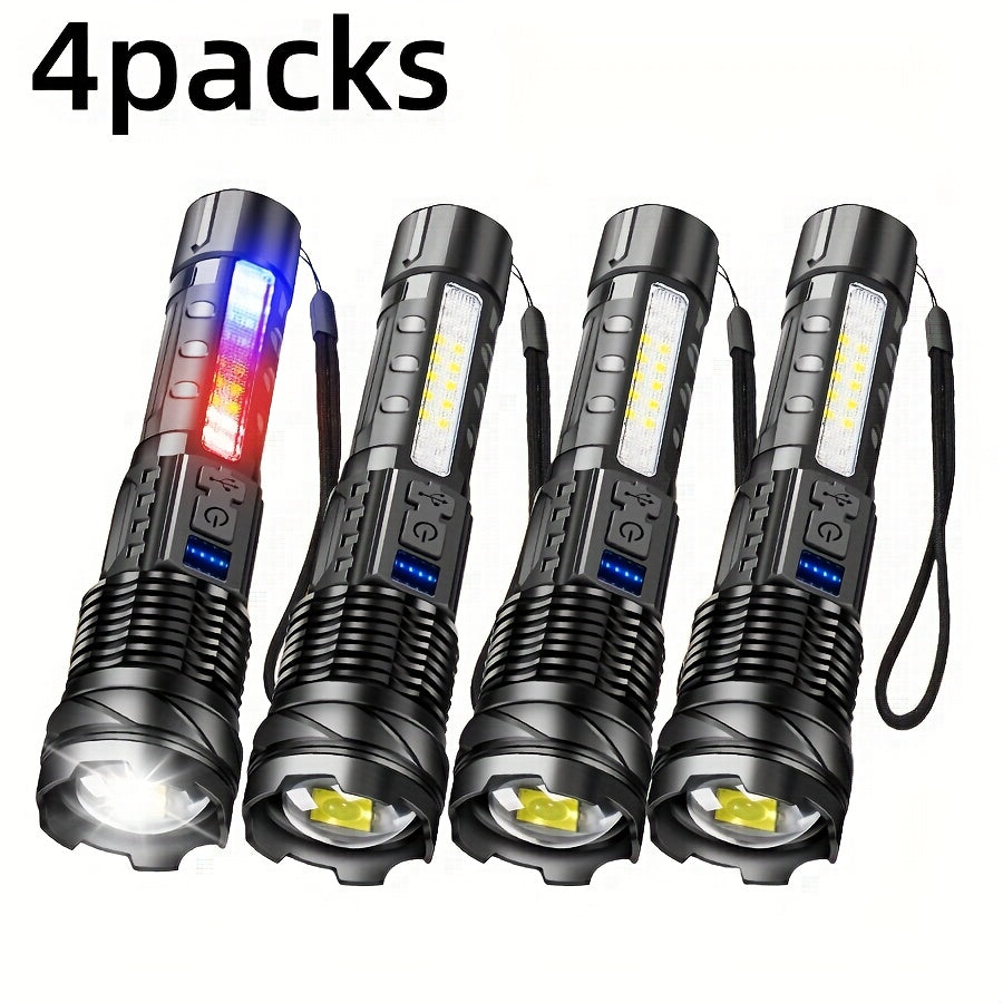 1/2/4pcs Multifunctional Flashlight High-Power LED Flashlight with COB Red/Blue Warning Side Light - Rechargeable Zoomable Long Distance Fishing Camping Light Many Mode