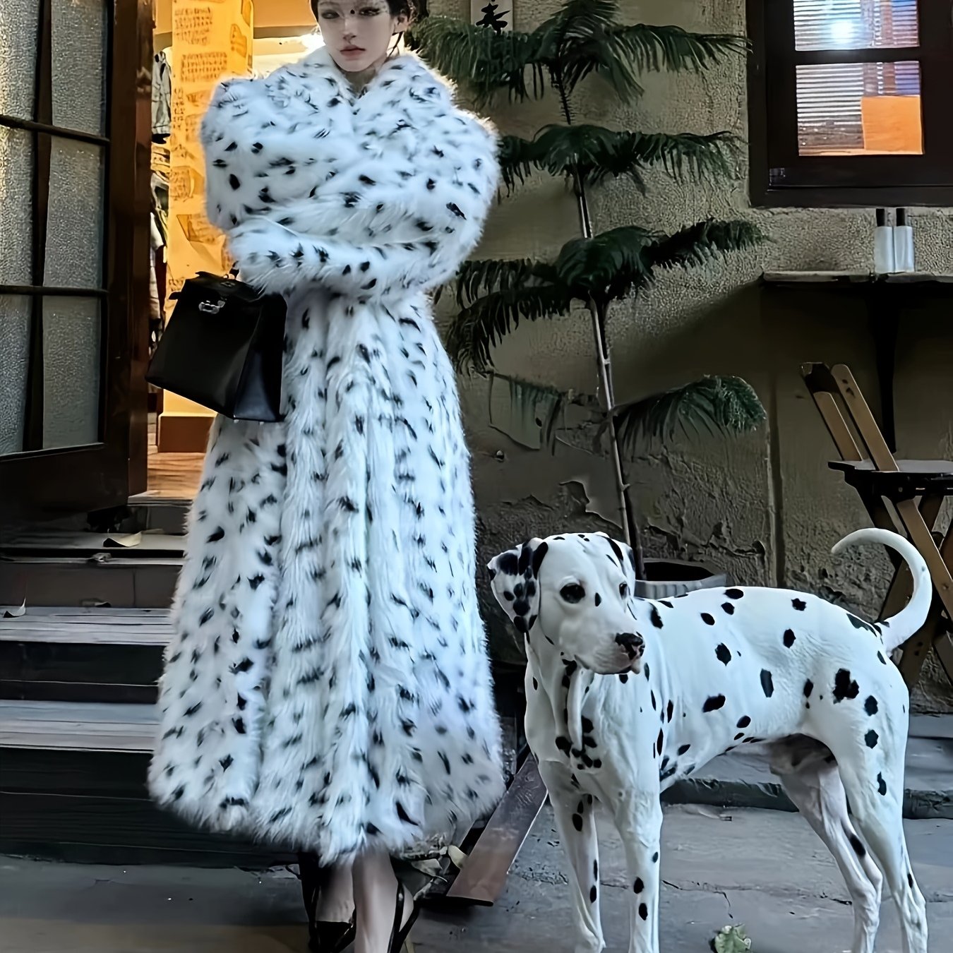 Ladies' Faux Jacket - Black And White Dalmatian Pattern Fluffy Outerwear for Fall/Winter 2025. Vegan-Friendly Fox Coat for Women - Oversized Spotted Black And White Jacket - Cozy And Fashionable Winter Outerwear. New Women'S