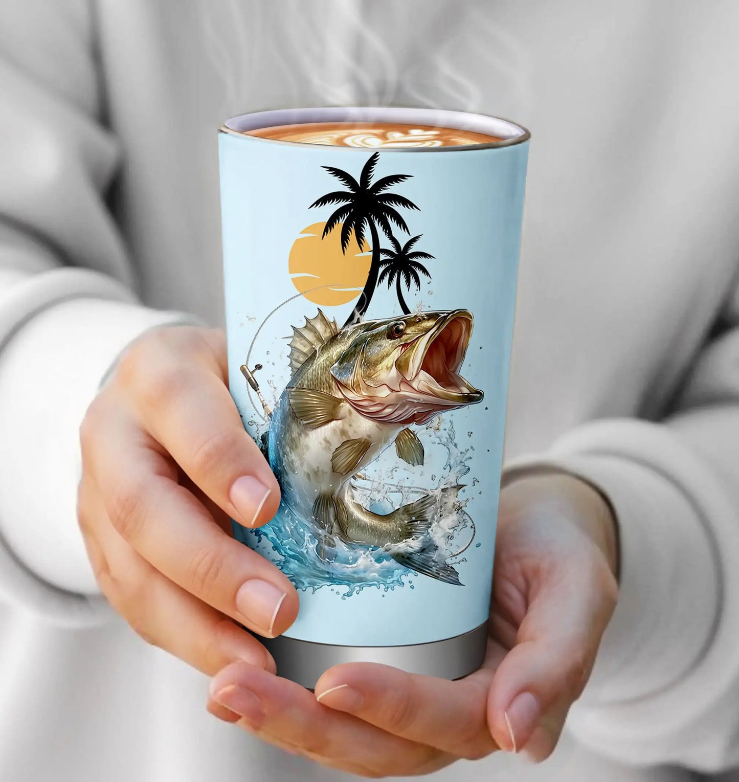 1pc 20oz Stainless Steel Insulated Fishing Tumbler with Cleaning Brush - Double-Wall Vacuum Insulation, Leakproof & -Slip Grip, BPA-Free Travel Mug with Fish Design & "Eat Sleep Fish Repeat" Slogan, Spill-Resistant Lid for Ho
