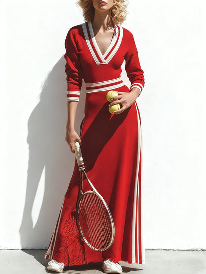 Women'S Red Long Dress Featuring White Accents in a Vintage Design, Ideal for Casual Outings, Fashionable Streetwear, And Distinctive Styling Events