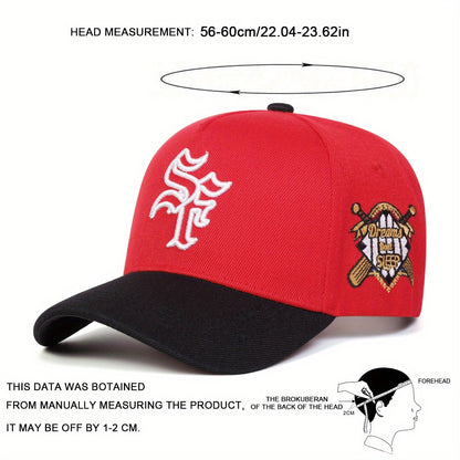 Men's Gothic SF Baseball Cap - Lightweight Adjustable Hat with SF Lettering, Red/Black/, Polyester Fill for Outdoor, Sports, Casual Attire - Casual Streetwear Hat, Baseball Hat, Outdoor Headwear, Stylish Contrast Design, Brea