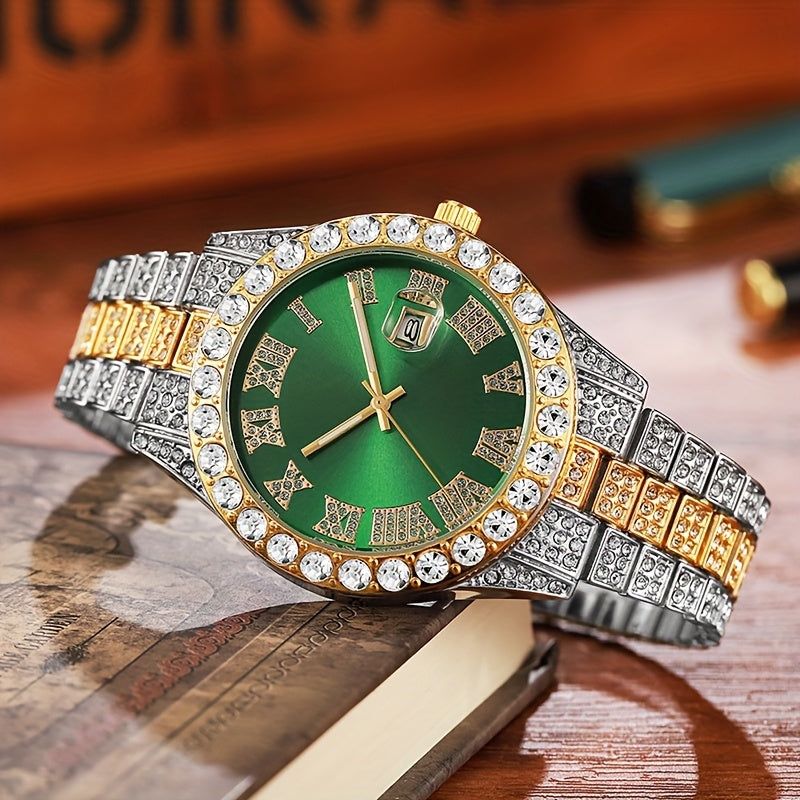 Men's Stainless Steel Quartz with Rhinestone Round Dial, Date Display & Analog/Digital operation (for - component) - Elegant Wristwatch for Daily Wear, Business, Gifts (Birthday, Valentine's Day, Christmas) -