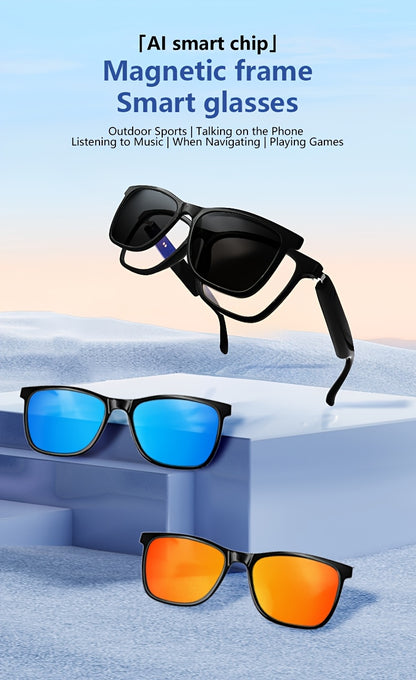 Smart Glasses with Magnetic Frame, 3 Lens Colors, Built-in Microphone, HD Calling, HiFi Music, Touchpad Control, TWS Technology, Compatible with iPhone/ Android, AI Voice Assistant, USB Charging, Non-Waterproof, Ideal for Out