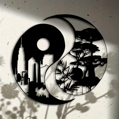 Elegant Yin Yang Metal Wall Art Set of 2 - 15.7" Urban & Landscape Sculptures, Indoor/Outdoor Iron Decor for Home, Patio, Balcony - Perfect Housewarming Gift