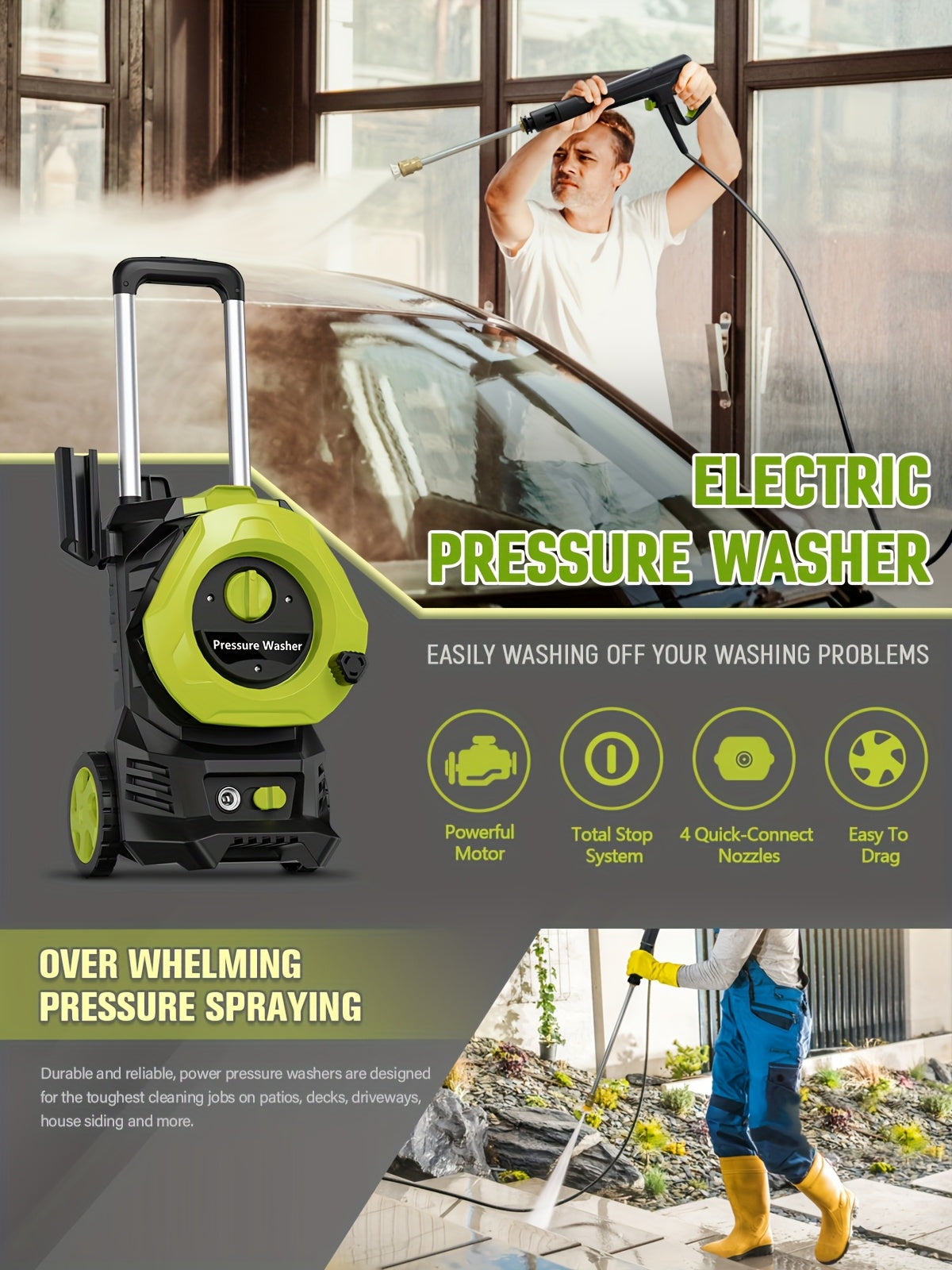 Electric Pressure Washer With 25FT Hose, 4 Nozzles & Foam Cannon - 4800PSI MAX 2.8 GPM Power Washer For Cars, Fences, Patio - US Plug, Metal Construction, Fence Cleaning | Robust Outdoor Tool, Pressure Washer Accessories, Blu