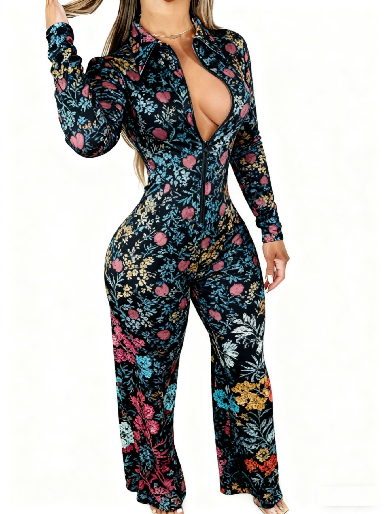 Women's Lightweight Full-Body Animal Print Jumpsuit - Zipper Front Long Sleeve Suit, Tight-Bodied One-Piece for All-Season Casual Wear, Machine Washable y Outfit ( Collar)