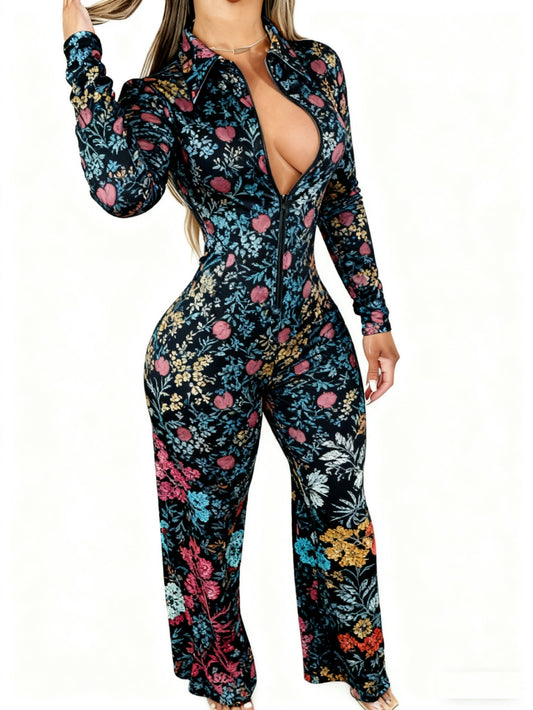 Women's Lightweight Full-Body Animal Print Jumpsuit - Zipper Front Long Sleeve Suit, Tight-Bodied One-Piece for All-Season Casual Wear, Machine Washable y Outfit ( Collar)