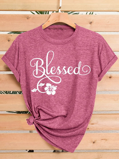 Women's Casual Short Sleeve T-Shirt - Blessed Floral Print Retro Style, Soft Stretch Round Neck Top, Machine Washable All-Season Comfort, Multi-Color Options S-XXL, Ladies T Shirts