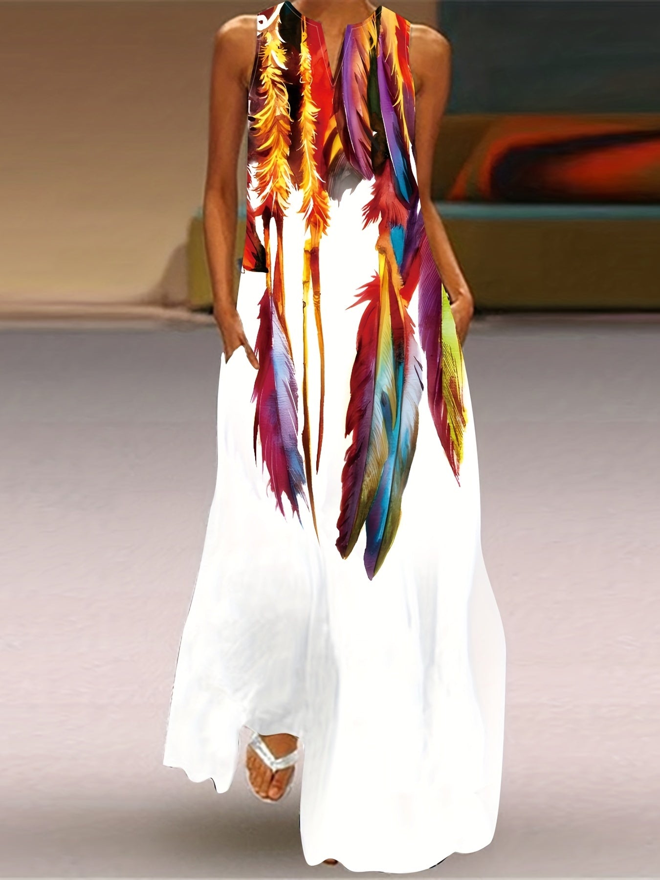 Casual Stylish Long Dress with a V-Neck, Flared Hem, And Pockets for Women