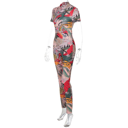 Women'S All-Over Print High-Neck Short Sleeve Jumpsuit - Slim-Fit See-Through Backless Bodysuit with Animal & Abstract Patterns, All-Season Elegant Party & Casual Outfit, Comfortable Stretch Fabric for Year-Round Wear (No Lin