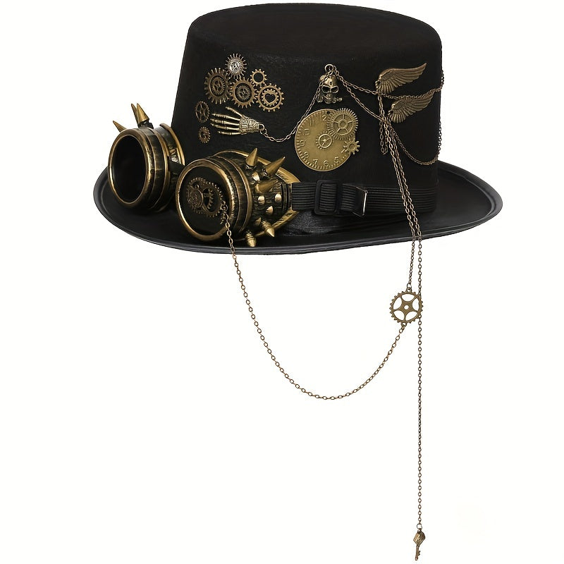 Steampunk Top Hat with Metal Chain and Goggles - Victorian Headdress Costume Accessory for Women - Perfect for Halloween and Cosplay