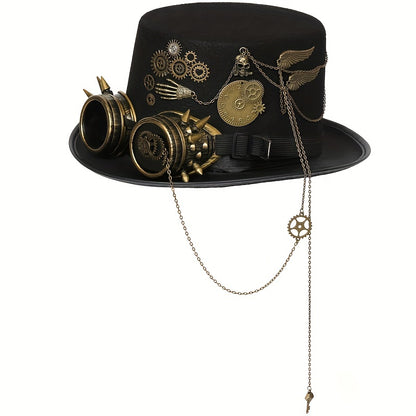 Steampunk Top Hat with Metal Chain and Goggles - Victorian Headdress Costume Accessory for Women - Perfect for Halloween and Cosplay