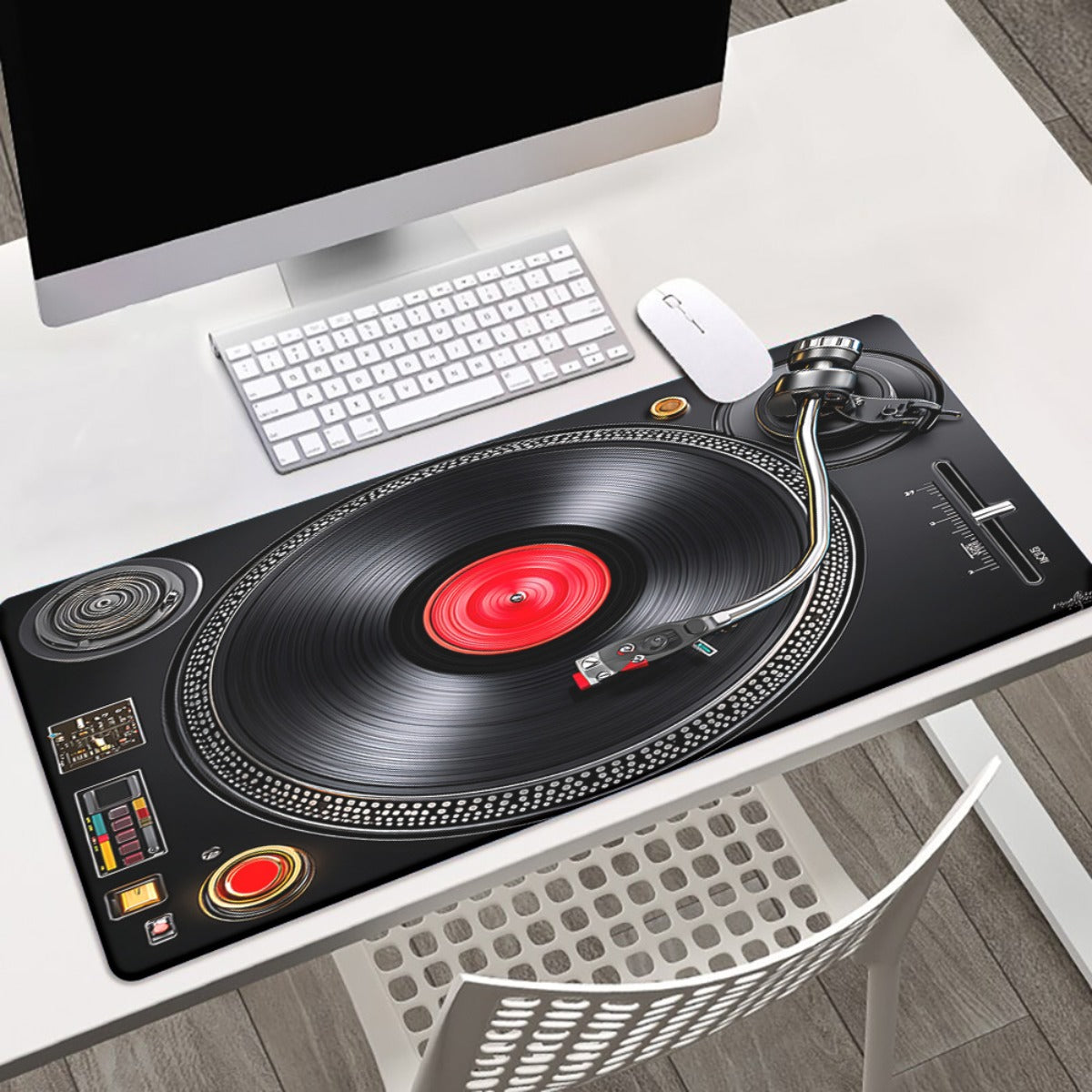 1pc XXL Large Vinyl Record Desk & Mouse Pad - Non-Slip DJ Turntable Design with Vinyl Grooves, Retro Music Studio Theme for Gaming/Office Computer, Compatible with PC/Laptop (Realistic DJ Setup Accessory)