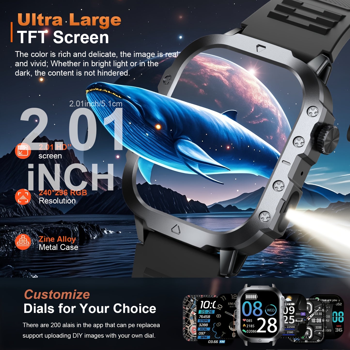 GWENLAND New Smart Watch with 2.01 Large Screen, LED Flashlight, Outdoor Sports Watch, Altimeter, Barometer, 100+ Sports Modes, Multimedia Information Viewing, Weather Checker, Pedometer, Fitness Tracker, Perfect Gift for Fes