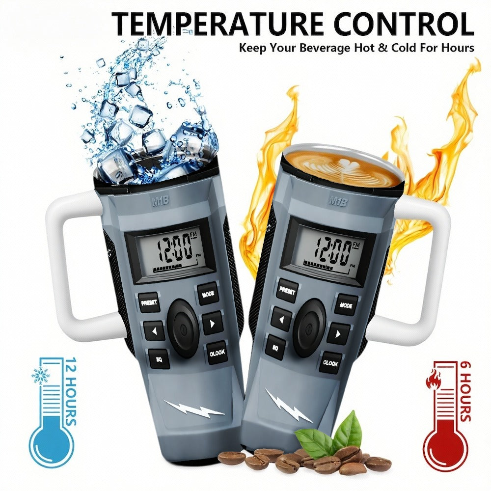 40Oz Radio Car Cup in Grey Style - A One-Of-A-Kind Drinking Tool! It Includes a Radio/Clock Display, a Robust Handle, And a Sipping Lid. Perfect for Radio Fans And Collectors. The Double-Layer Insulation Keeps Drinks Hot Or C