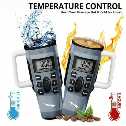 40Oz Radio Car Cup in Grey Style - A One-Of-A-Kind Drinking Tool! It Includes a Radio/Clock Display, a Robust Handle, And a Sipping Lid. Perfect for Radio Fans And Collectors. The Double-Layer Insulation Keeps Drinks Hot Or C