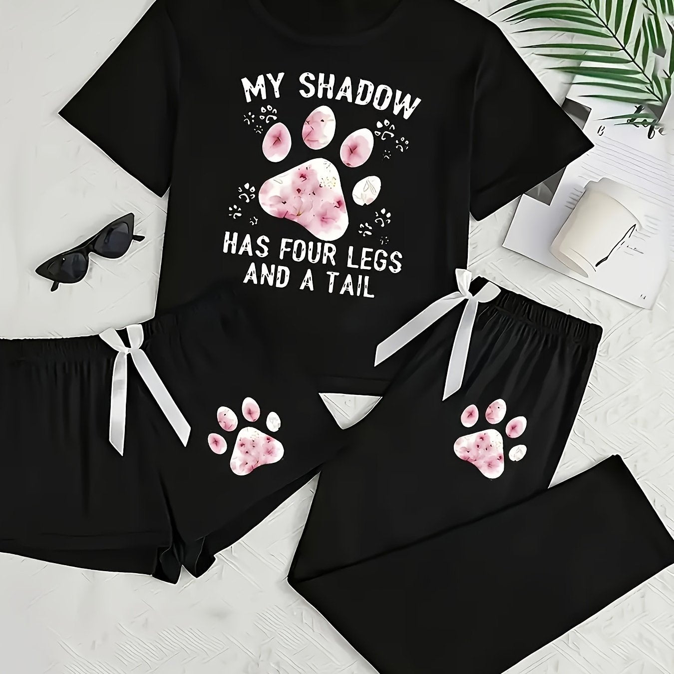 Short Sleeve Long Pants Shorts - Fashionable 3pcs - Unique Design Print Women'S Pajamas, Home Wear