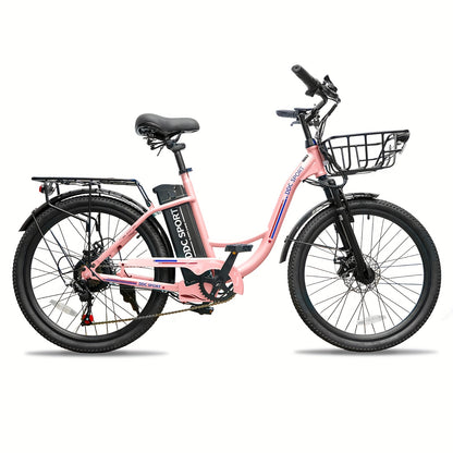 Cruiser Electric Bike For Women, 500W Motor 36V/10.4Ah Removable Battery, 25-40 Miles 20MPH, 24 Inch Electric Bike High-Carbon Steel Frame, 7-Speed With Front Basket -Beach Commuter Ebike For Adults, Ebike With Basket, Sakura