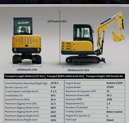 Heavy-Duty 3.5 Ton Mini Excavator with 25 HP Kubota Diesel Engine - Hydraulic Crawler Digger, Pilot Controls, Telescopic Boom & Side Swing, Air Conditioned Cab, Thumb Clamp - Professional Construction, Farm, Landscaping, Digg