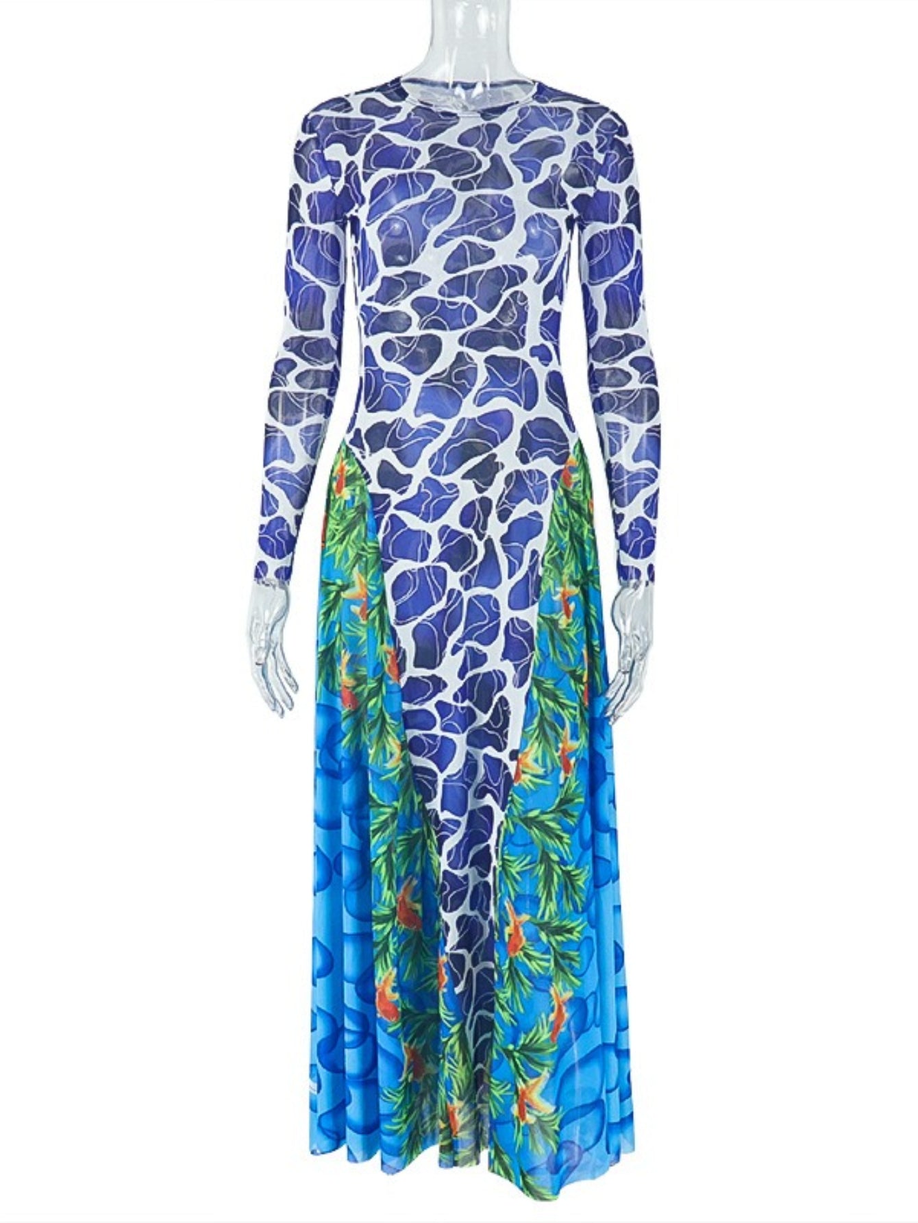ARTPAGE Printed Women'S Dress | Slightly Sheer, Waist-Cinching, Pencil Skirt, High-Neck Long-Sleeve Long Work Dress with | Elegant Fit and Flare Silhouette, Perfect for Spring/Summer/Fall