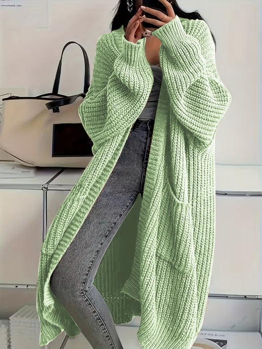 Plus Size, Solid Color Plus-Size Women's Long Pocket Cardigan Loose Over-the-Knee Sweater Coat Fashion Versatile Outerwear