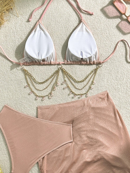 3pcs Advanced Bikini Swimsuit - Adjustable Lace Bikini Top & Chain-Link Bottoms, Solid Color Full Coverage Beachwear, Dry Only (Lingerie, 3pcs Set)