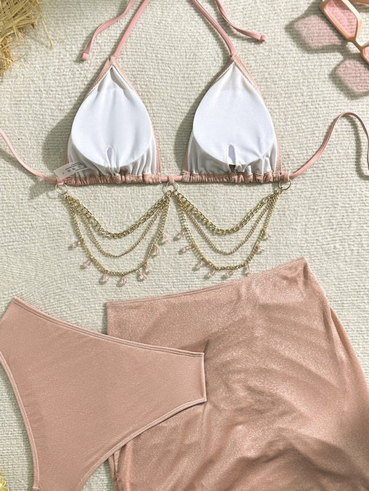 3pcs Advanced Bikini Swimsuit - Adjustable Lace Bikini Top & Chain-Link Bottoms, Solid Color Full Coverage Beachwear, Dry Only (Lingerie, 3pcs Set)