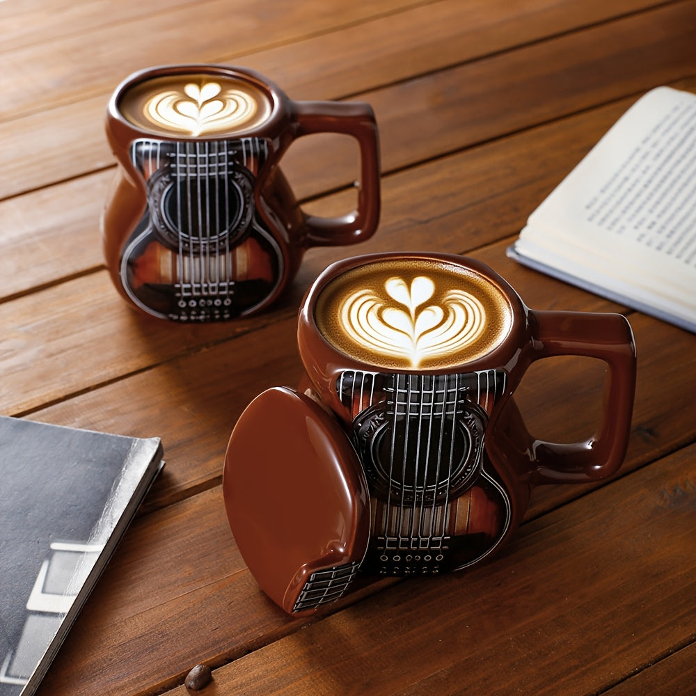 Guitar-Shaped Ceramic Mug - Large 500ml Music-Themed Coffee Cup with Spanish Lyre & Guitar Tab Design, Freezer- Lid, Hand Wash Only - Gift for Musicians, Musically-Inspired Drinkware for Home, Office, Dorm (Guitar Pick Accent