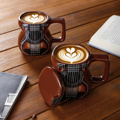 Guitar-Shaped Ceramic Mug - Large 500ml Music-Themed Coffee Cup with Spanish Lyre & Guitar Tab Design, Freezer- Lid, Hand Wash Only - Gift for Musicians, Musically-Inspired Drinkware for Home, Office, Dorm (Guitar Pick Accent