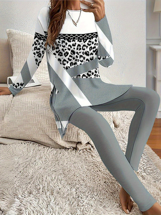 Women's Round Neck Printed Slit Long Sleeve Top& Long Pants Set- Casual Loungewear Outfit