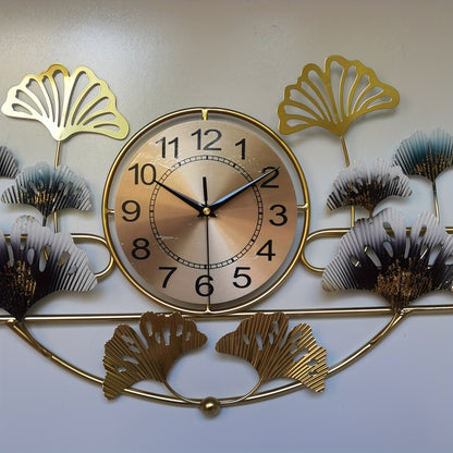 3D Creative Wrought Iron Wall Clock for Bedroom Living Room, 32.68in x 14.57in Ginkgo Leaf Silent Wall Clock, Wrought Iron Decor Gift, Large Black Golden Green for Dining Room
