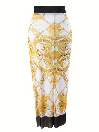 Women'S Golden Lion-Themed Swimsuit Set with Lace-Up Detail - Off-Shoulder Top & Flowy Skirt, Stretchy Fabric, All-Season Swimwear, Swimwear Set|Lion Print Design|Stretchy Material