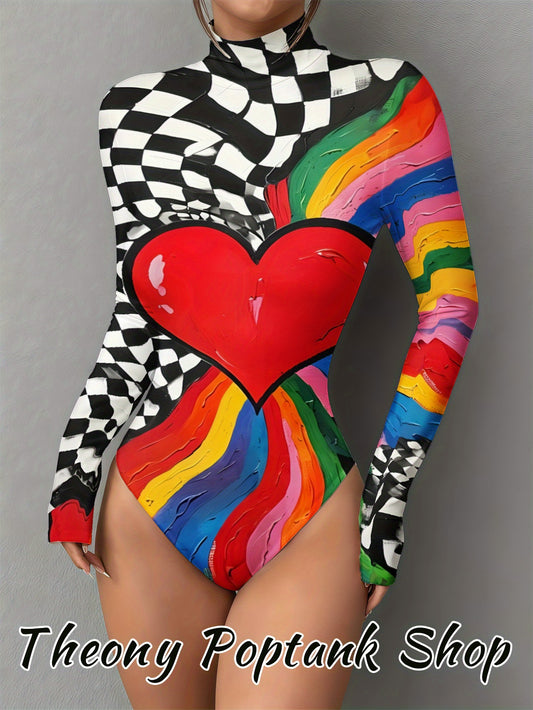 Women'S Checkered Rainbow Heart Print Long Sleeve High Neck Bodysuit - Slim-Fit Jumpsuit with & Checkered Pattern & Multicolor Heart Design, Easy-Care Fabric for Layering, Casual & Formal Outfits, Winter Warmth, Versatile Cas