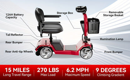 HOMYKING Red Travel-Friendly HOMYKING Foldable 4-Wheel Electric Scooter, 250W Power + Dual Suspension, 15 Miles Range + Front Brake, Detachable Basket + Front Light, for Adults/Elders, 265lbs Capacity, Foldable Scooter, Mobil