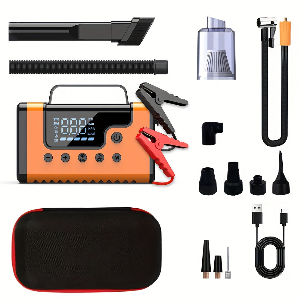 8-in-1 3000A Portable  Jump Starter with Air Compressor & Vacuum Cleaner - 12V 150Psi Tire Inflator, 5000PA  Vacuum, 37000mWh Rechargeable Battery, Digital Display, USB Charging, 2.64gal Gas/1.85gal Diesel Compatible,Insulate