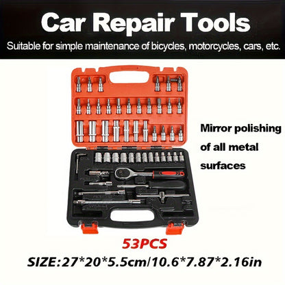 A Collection of 53 Mechanical Tool Kits, Including 1/2" And 1/4" Drive Depth And Standard Sockets, Ergonomic Handles, Ratchet Wrenches, Tools for Automotive And Bicycle Repairs, As Well As Household Maintenance Tools.