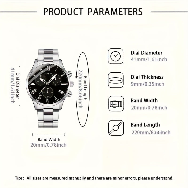 3pcs Set Men's Watch & Necklace Bracelet Set - Quartz Movement Analog Watches with Matching Bracelets, Analog with Hour/Minute/Second Hands, Round Face Business & Casual Wristwatch Collection for Gifts for Men (-)