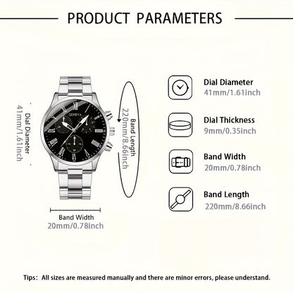 3pcs Set Men's Watch & Necklace Bracelet Set - Quartz Movement Analog Watches with Matching Bracelets, Analog with Hour/Minute/Second Hands, Round Face Business & Casual Wristwatch Collection for Gifts for Men (-)