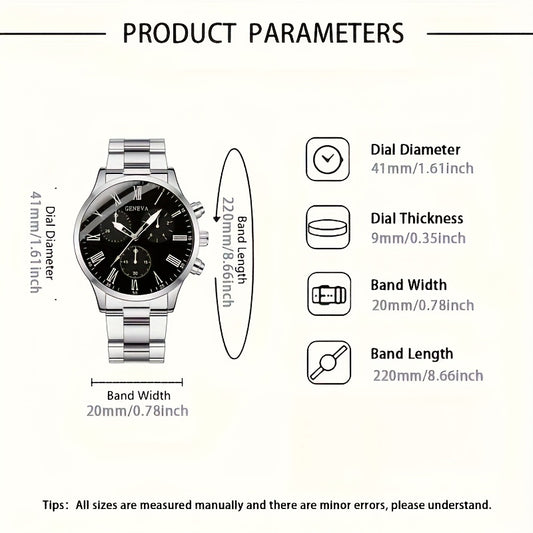 3pcs Set Men's Watch & Necklace Bracelet Set - Quartz Movement Analog Watches with Matching Bracelets, Analog with Hour/Minute/Second Hands, Round Face Business & Casual Wristwatch Collection for Gifts for Men (-)