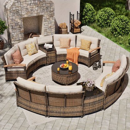 8-11pcs Outdoor Patio Furniture Set, Half-Moon Curved Sectional Sofa Rattan Patio Conversation Set with Wood Armrests for Porch, Backyard - Tempered Glass Round Coffee Table & Side Table, Patio Furniture And Decor, Patio Set,
