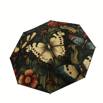 1pc Open/Close Compact Umbrella with & Heavy-Duty 8-Rib Frame - & Forest Bloom Pattern (Butterflies/Tortoiseshell) - Portable Folding Umbrella for s, &, Fits in Briefcase/ Box -