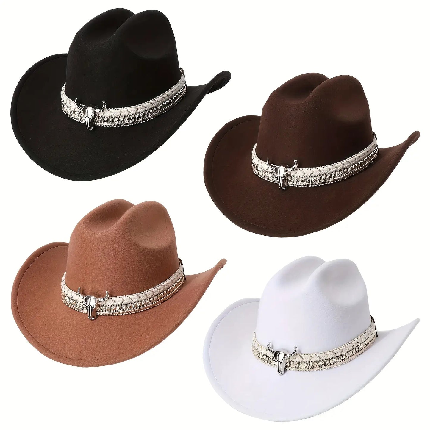 2pcs Western Cowboy Hat Mix & Match - Hand-Braided Large Bull Head Buckle Accessory, Wide-Brim Flat-Top Hats Suitable for Men & Women, Cowboy/Cowgirl, Themed Parties, Rodeo, Western Events - Handwashable, Handwash Care