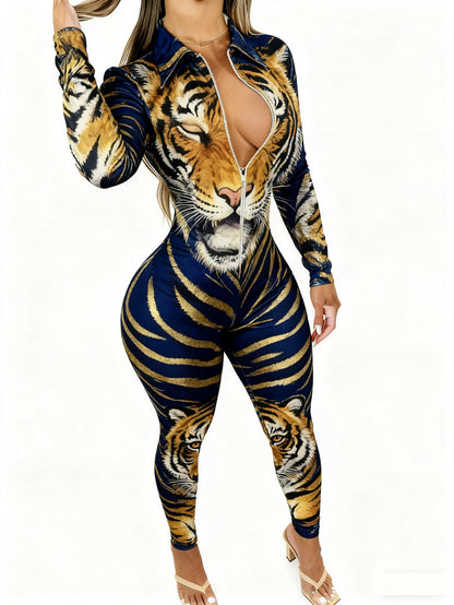 Women's Lightweight Full-Body Animal Print Jumpsuit - Zipper Front/Back Closure Long Sleeve Romper Suit, Tight-Fit Collar for all-Season Casual Wear, Machine Washable Daily Outfit & swear (Non-)