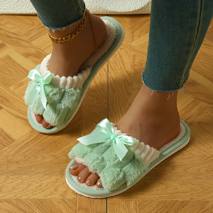 Women's Plush Fleece Slip-On Slippers with Bow Detail - All-Season Indoor House Shoes, Soft EVA Sole for Comfort & Quiet, Cozy Home Slippers in Black/White/Green/Beige/Pink/Grey, Cute Slippers