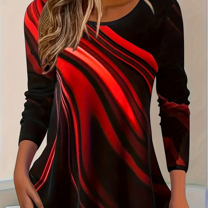 Women'S Relaxed Fit Geometric Stripe Print Round Neck Long Sleeve T-Shirt - Soft Plush Fabric, Black & Red Horizontal Stripes, Spring/Autumn Layering Essential, Casual to Semi-Formal Versatile Top, Comfortable Everyday Basic