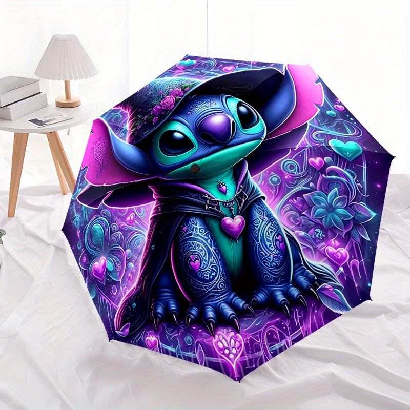 Stitch Night 2 Automatic Umbrella with Stitch Design - Auto Open/Close, Compact Folding Umbrella, Sturdy 8-Rib Iron Frame, Portable Travel Umbrella for Women/Men, Cute Stitch Character Accessory for Fans, Everyday & Special E