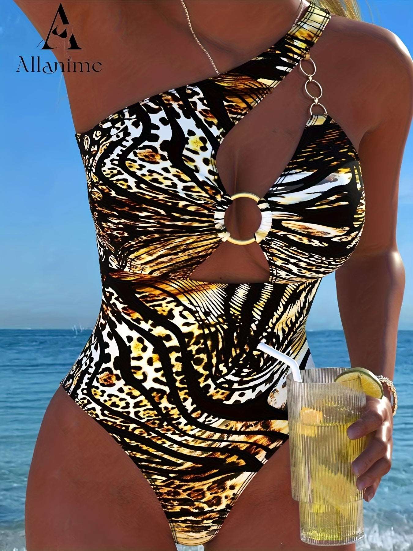New Leopard Print One-Piece Swimsuit for Women with a Sexy Single Shoulder Design And Metallic Ring, Perfect for Beach And Pool Parties