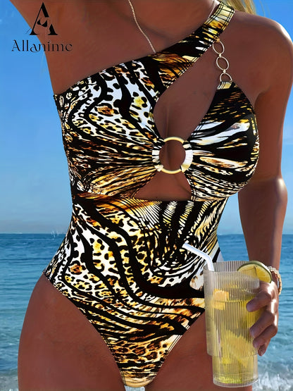 New Leopard Print One-Piece Swimsuit for Women with a Sexy Single Shoulder Design And Metallic Ring, Perfect for Beach And Pool Parties