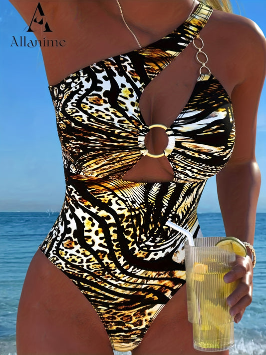 New Leopard Print One-Piece Swimsuit for Women with a Sexy Single Shoulder Design And Metallic Ring, Perfect for Beach And Pool Parties