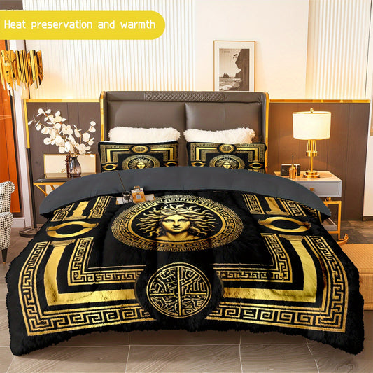 3pcs (1 comforter + 2 pillowcases) Medusa - Inspired Flannel and Milk - Velvet Comforter Set, Soft & Warm Bedding for Adults, Cozy and Trendy Bedding Essentials